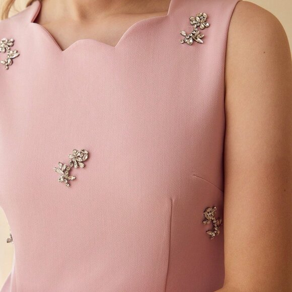 Pink Elegant Women's Rhinestone Detail Scallop Trim Dress - Picture 3 of 7